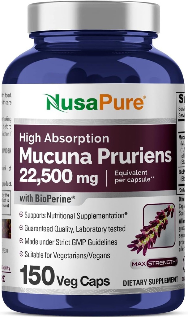 NusaPure Mucuna Pruriens 50: 1 Extract, 450 mg Tilsvarende 22,500mg 150 Veggie Caps (non-GMO, Vegan, Gluten Free, Bio- Perine)
