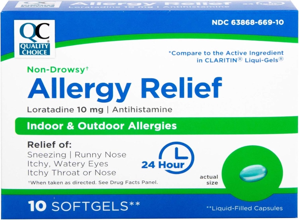 Quality Choice Allergy Relief, 24 timers non drowsy Allergy Relief for indendørs og udendørs allergier, Antihistamin Loratadine 10 mg, flydende fyldte bløddele, 10 Greve