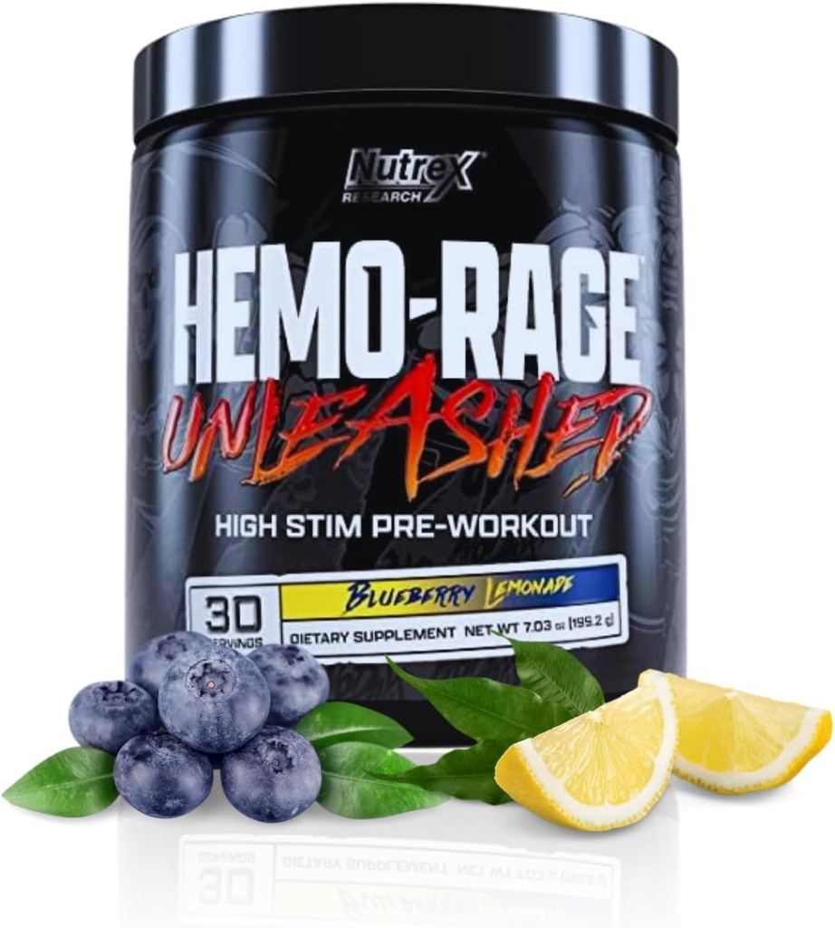 Nutrex Forskning Hemo- Rage Extreme High Stim Pre Workout Powder 124; Insane Lasting Energy, Focus, Endurance & Pump Booster Preworkout Supplement 124; Blueberry Lemonade 30 Serveringer