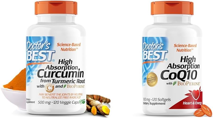 Doctor 's Best DRB- 00107 High Absorption Curcumin fra gurkemeje med C3 Complex & BioPerine 500mg & High Absorption CoQ10 med BioPerine, Gluten Free, naturligt gæret, Heart Health