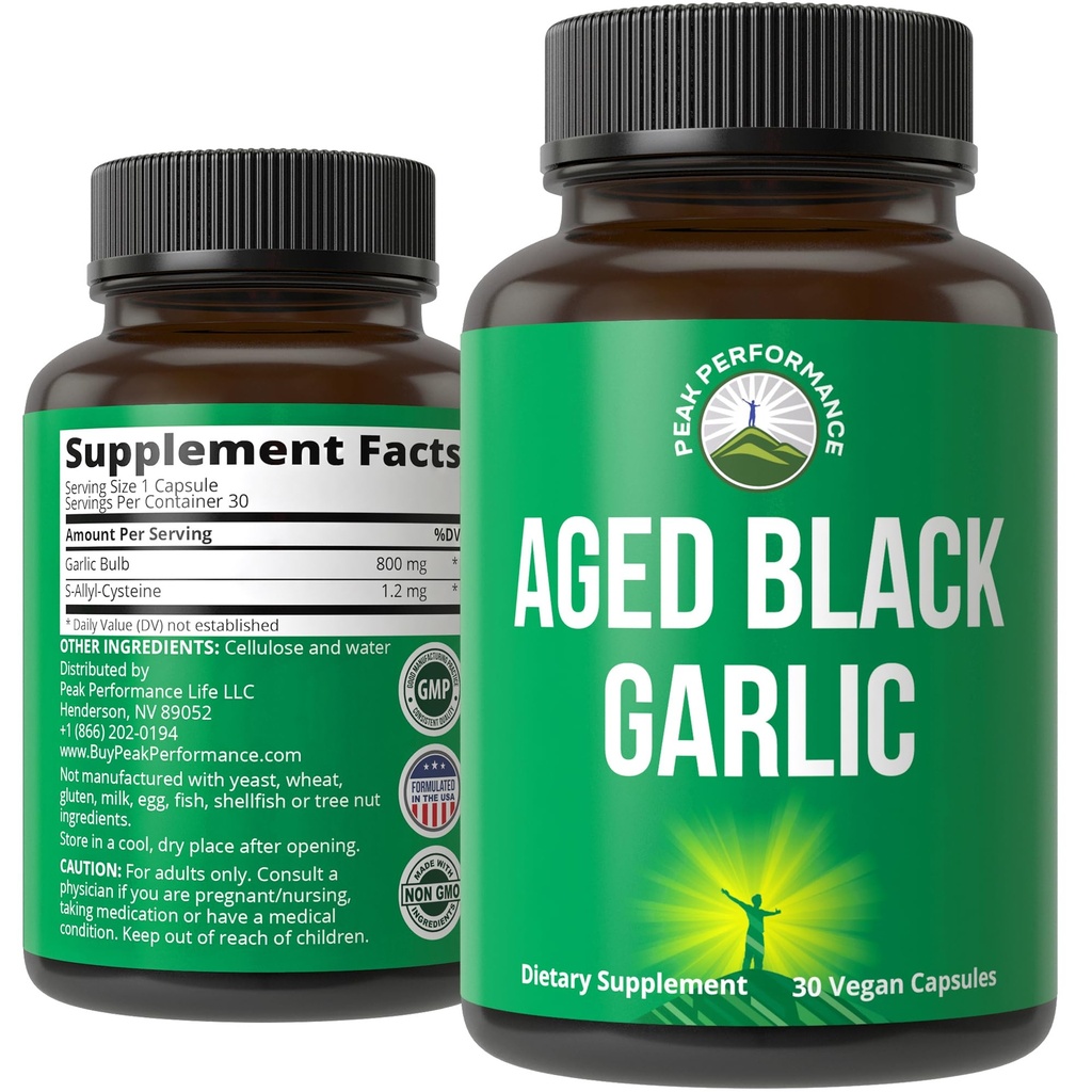 Peak Performance Lagrede sorte hvidløg kapsler. Rå Vegansk Pure Odorless Extract piller til Cholesterol, og immunsupport. fra hvidløg Bulb med S- allyl cystein og antioxidanter