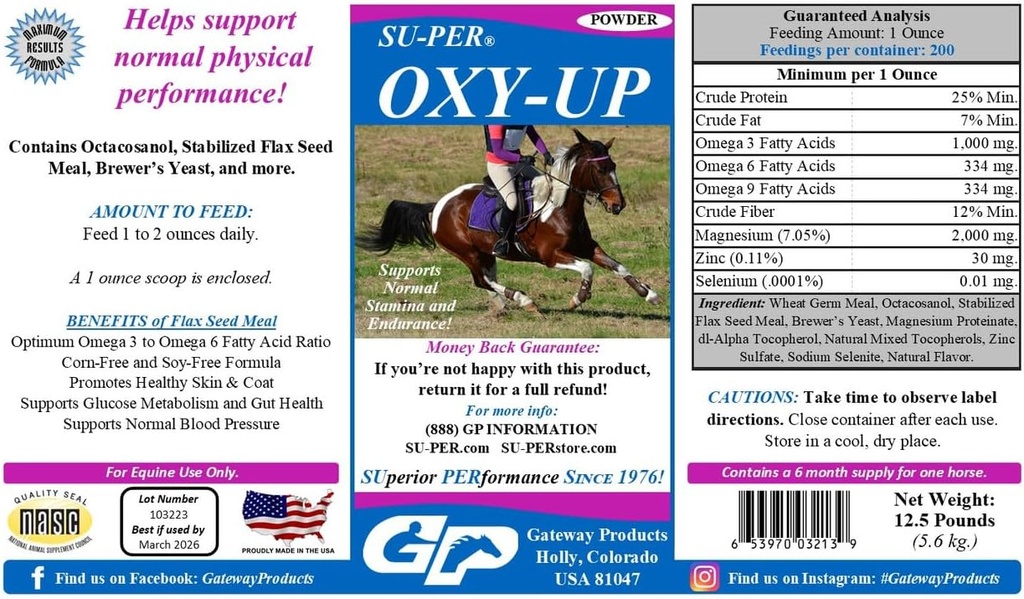 SU- PER Oxy- Up Performance Horse Supplement - Understøtter normal Stamina og Endurance - Hvede Germ Extract, B- Complex Vitaminer, Magnesium - 12,5 Pund, 6 Måned Supply