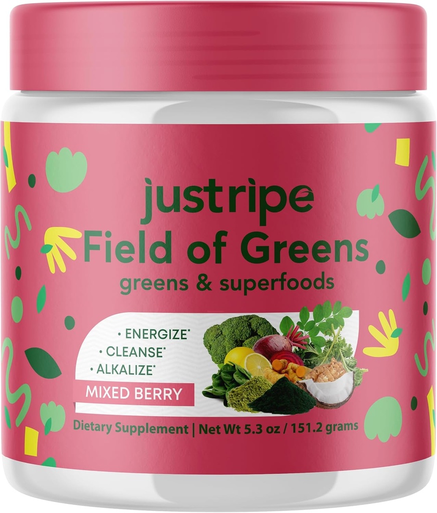 Field of Greens Superfood Powder with Organic Spirulina, Chlorella, Beet Root Powder - Bacillus Coagulans Probiotic, A Plant-Based Mix Support Gut Health, Immunity, 28 Scoops - Blandede bær