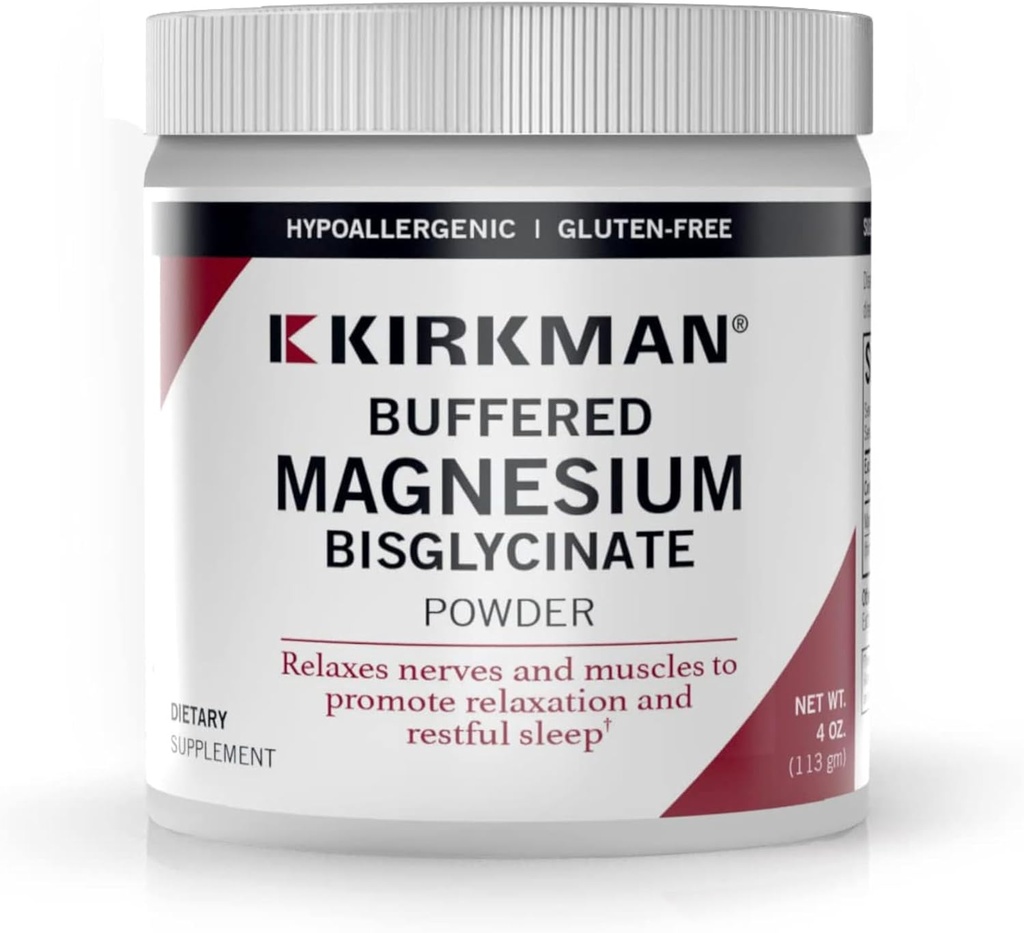 Kirkman Buffered Magnesium Bisglycinate Powder - Bio- Max Series Yep 124; Yep 124; 113 gm / 4 oz Powder Mep 124; Free of Common allergens Mep 124; Mep 124; Promotions relaxation and restful Sleep Mep 124; Mep 124; Gluten and Casein Free Mep 124; Mep 124; Mineral