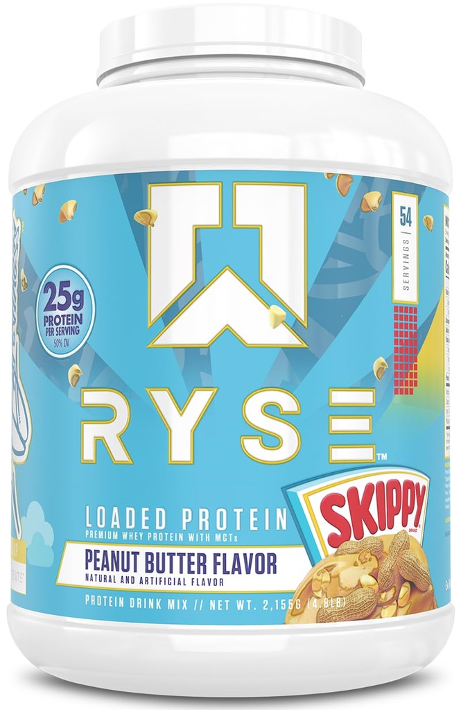 RYSE Indlæst protein pulver - Skippy Peanut Butter - 25g Whey Protein Isolere & Koncentrat med Prebiotic Fiber & MCTs - Lav Carb, Lavsukker, Digitalt-Friendly - 54 Servering / 4 LB Tub