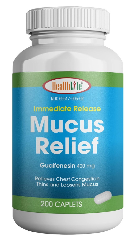 SUNDHED LFE Mucus Relief Guaifenesin Caplets 400 mg, Øjeblikkelig Release Hurtig fungerende Expectorant, Tynde og Loosens Mucus, Relieves Chest Congestion, Hough, Cold and Flu (Medium, 200 Count)