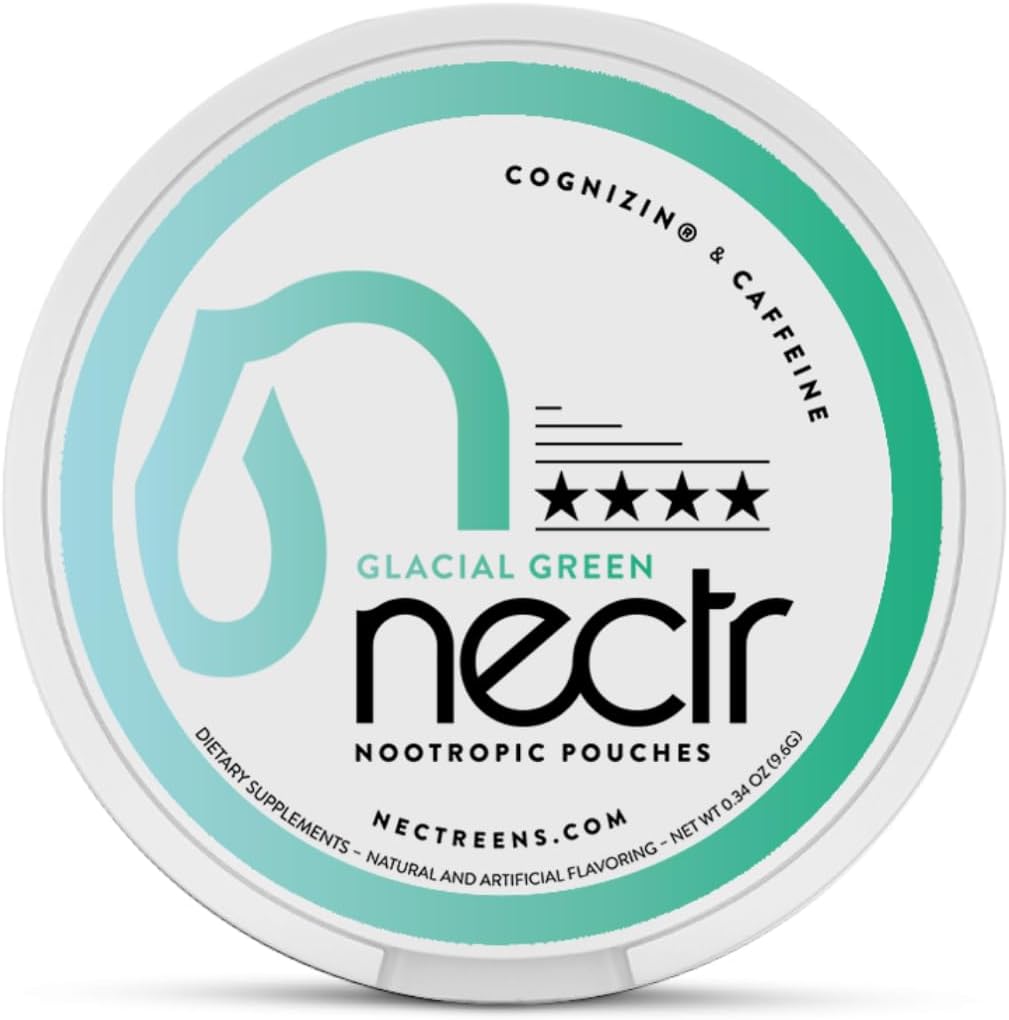 Nectr Energy Nootrop Pouches - Glacial Green Wintergreen Koffein Pouches med Cognizin ® Citicolin. Sugar- Free Brain Treats. Glat, Vedvarende Focus & Energy Supplement - 1 Puck af 16pcs