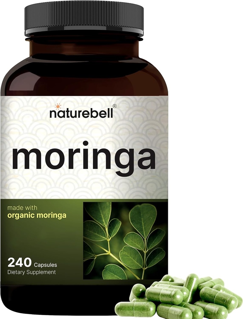 NatureBell Pure Moringa Kapsler 124; Lavet med Moringa Powder Organic, 240 Kapsler - Green Superfood, hudsundhed, & immunforsvar - Non- GMO, Gluten Free, 4 Måned Supply