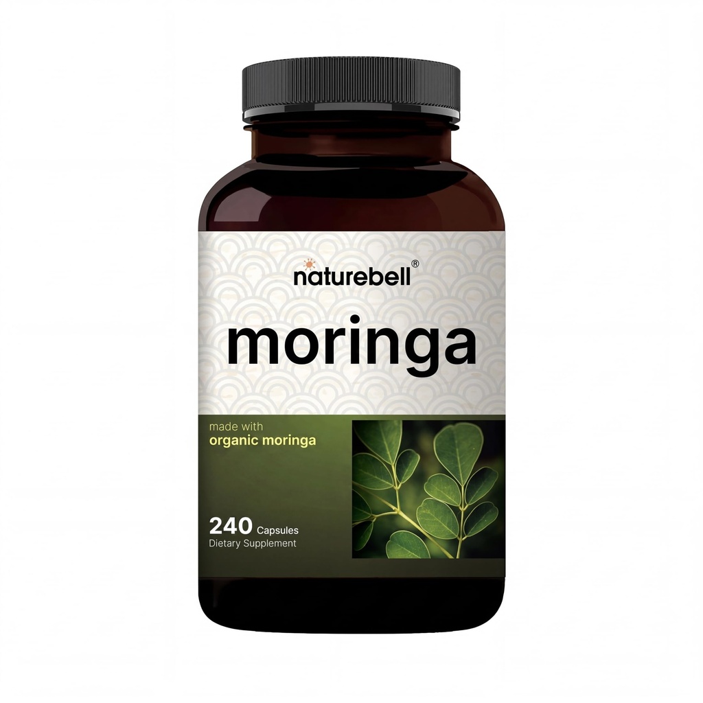 NatureBell Pure Moringa Kapsler 124; Lavet med Moringa Powder Organic, 240 Kapsler - Green Superfood, hudsundhed, & immunforsvar - Non- GMO, Gluten Free, 4 Måned Supply