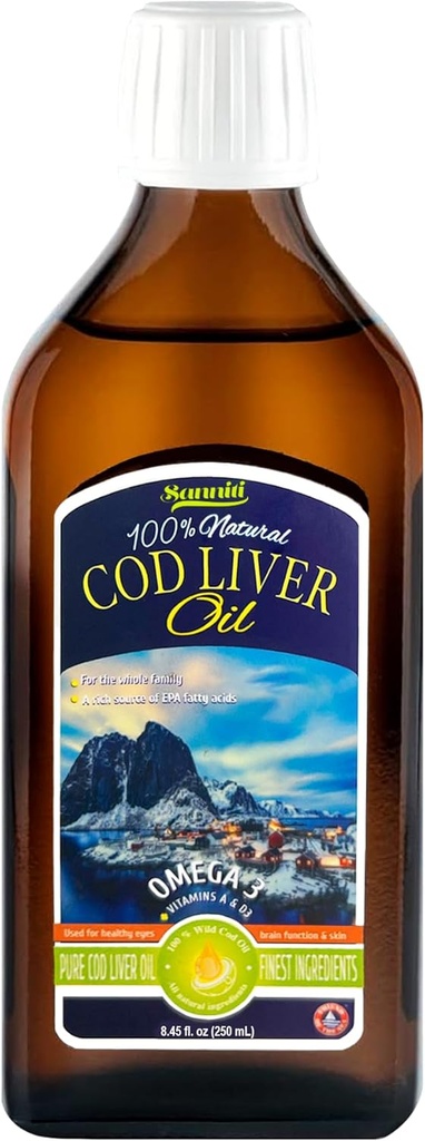 Sanniti 100% Natural Cod Lever Oil, 1081 mg Total Omega-3 Fedtsyrer, Wild Fanget Nordic, 250 ml (8.4 oz) (Unflavored)
