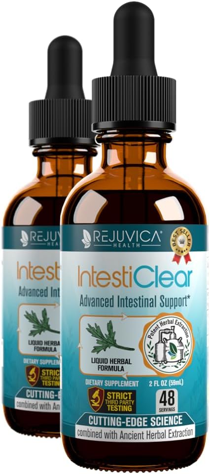 Rejuvica Health IntestiClear - Avanceret Intestinal Rengøring støtte til mennesker - All- Herbal flydende formel for hurtig absorption - Bonus Leverstøtte - Wormwood, Black Walnut, Ingefær og mere