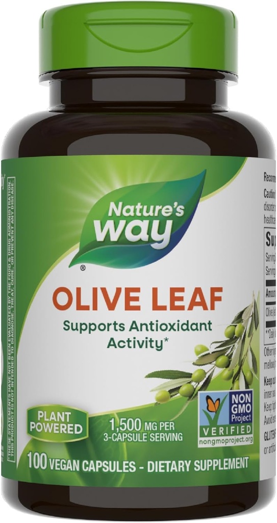 Nature 's Way Olive Leaf - 1.500 mg pr 3 -Capsule Serving - Understøtter Antioxidant Aktivitet * - Olive Leaf Herbal Capsules - Non- GMO Project Verified - Gluten Free - 100 Vegan Capsules