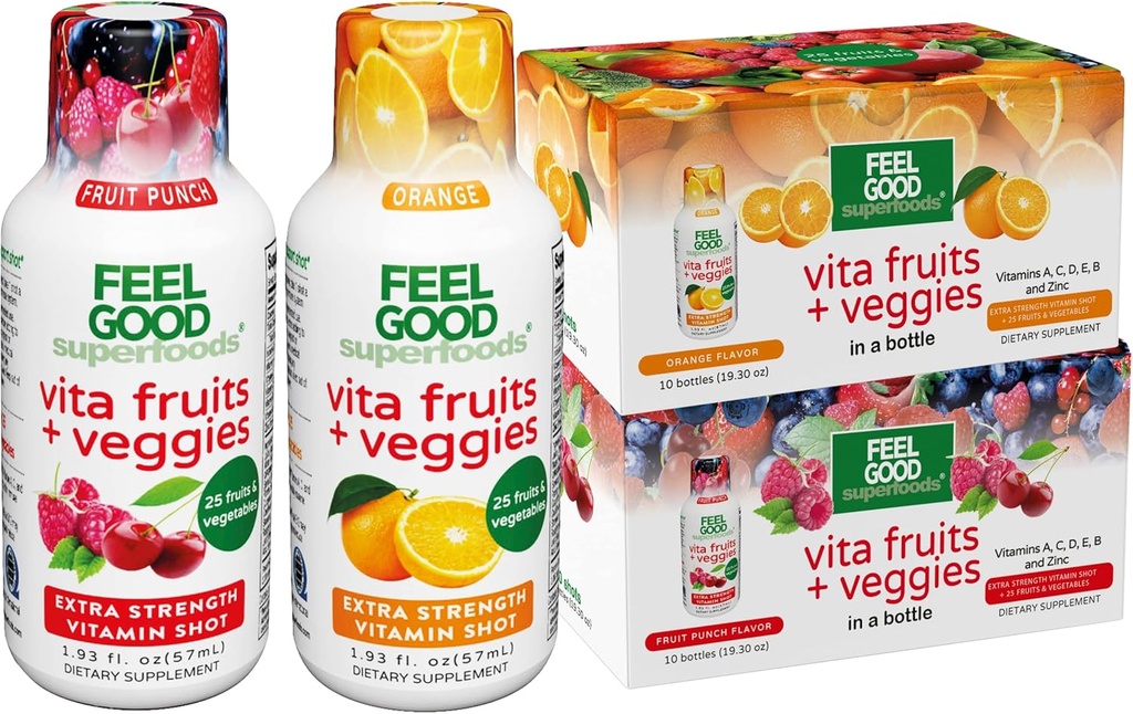FeelGood Superfoods Vita Frugt og Veggies immunforsvar Kosttilskud, 25 Økologiske Frugter og Veggier, Klar til at drikke Immunitet Booster, 10 Orange og 10 Frugt Punch Flavor, Combo Pack med 20