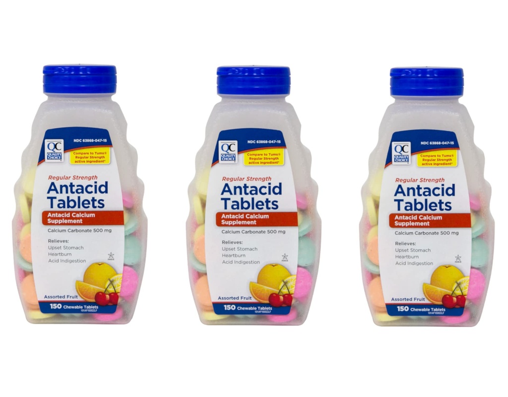 Kvalitetsvalg Regelmæssig styrke Calciumcarbonat 500 mg Antacida tyggetabletter, 150 greve - pakning med 3 stk.