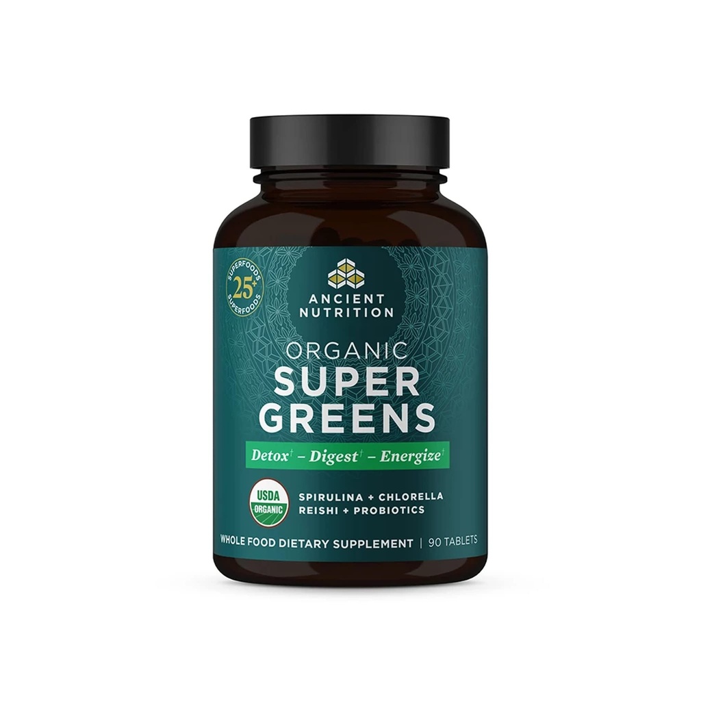 Ancient Nutrition Super Green med Probiotika, Økologisk Superfood tabletter lavet af Spirulina, Chlorella, Moringa, og en resistent Probiotisk, 30 Servere, 90 Greve
