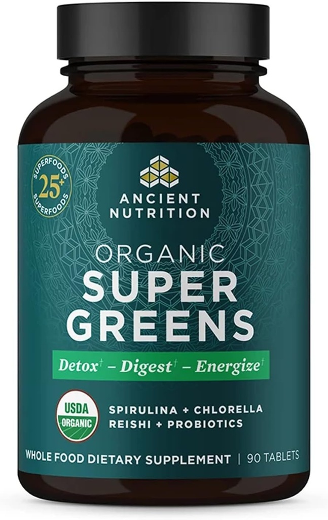 Ancient Nutrition Super Green med Probiotika, Økologisk Superfood tabletter lavet af Spirulina, Chlorella, Moringa, og en resistent Probiotisk, 30 Servere, 90 Greve
