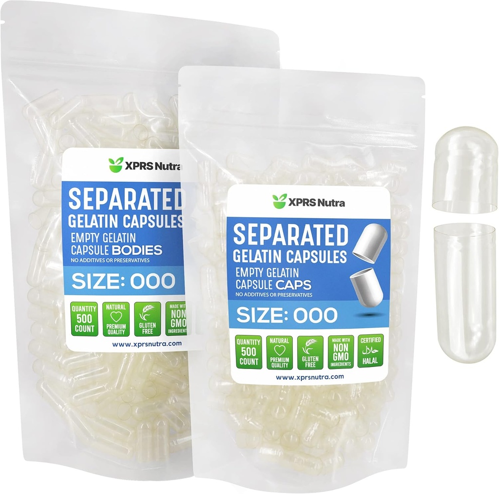 XPRS Nutra Separated Capsules Størrelse 000- 500 Clear Greve Stor Tom Gelatine Kapsler Separeret i sække - Premium Clear Gel kapsler - Piller til selv supplement påfyldning