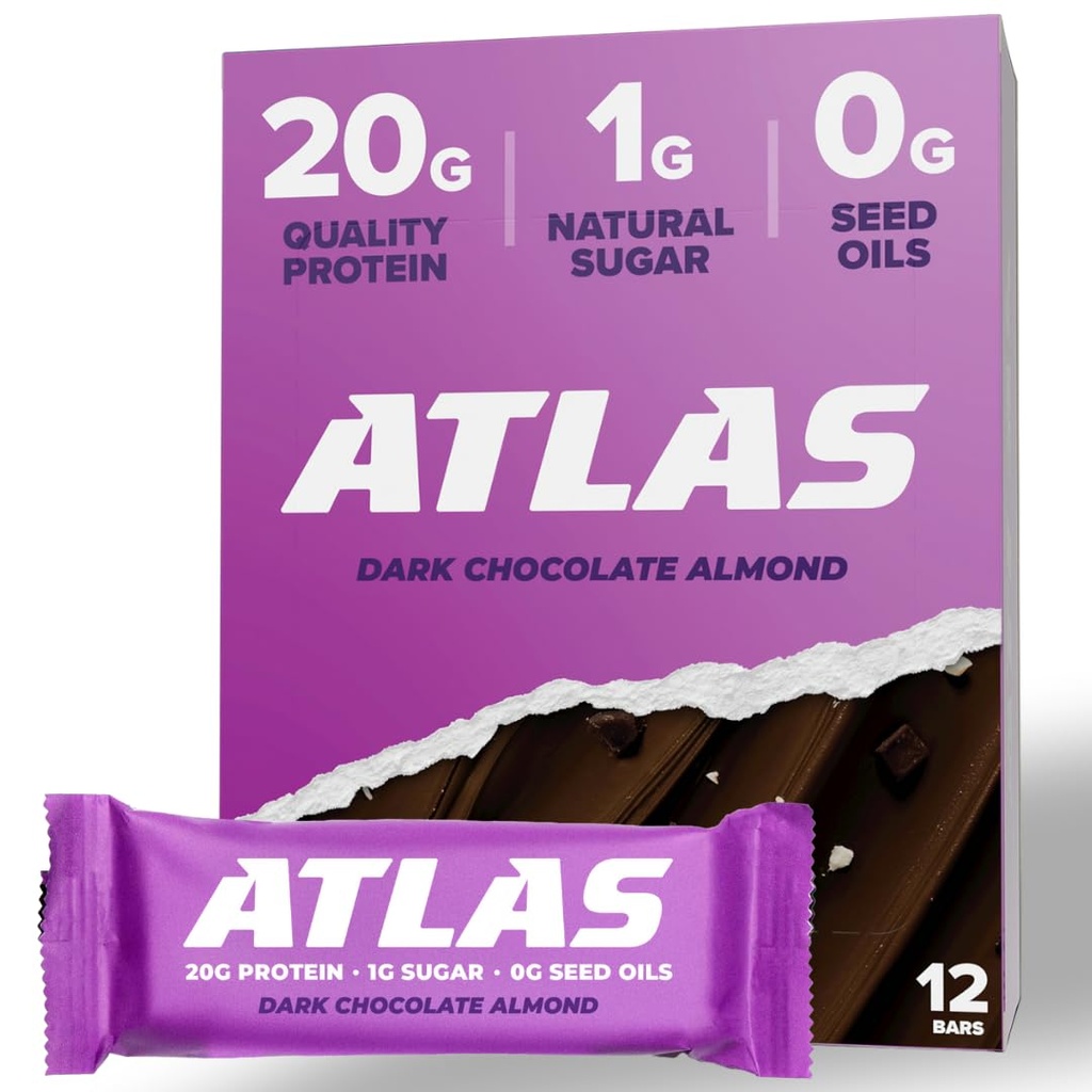 Atlas Bar - 20g Protein, 1g Sukker, 0g Seed Oliils, 0g Kunstige sødestoffer (Dark Chocolate Mandel, 12 Greve)