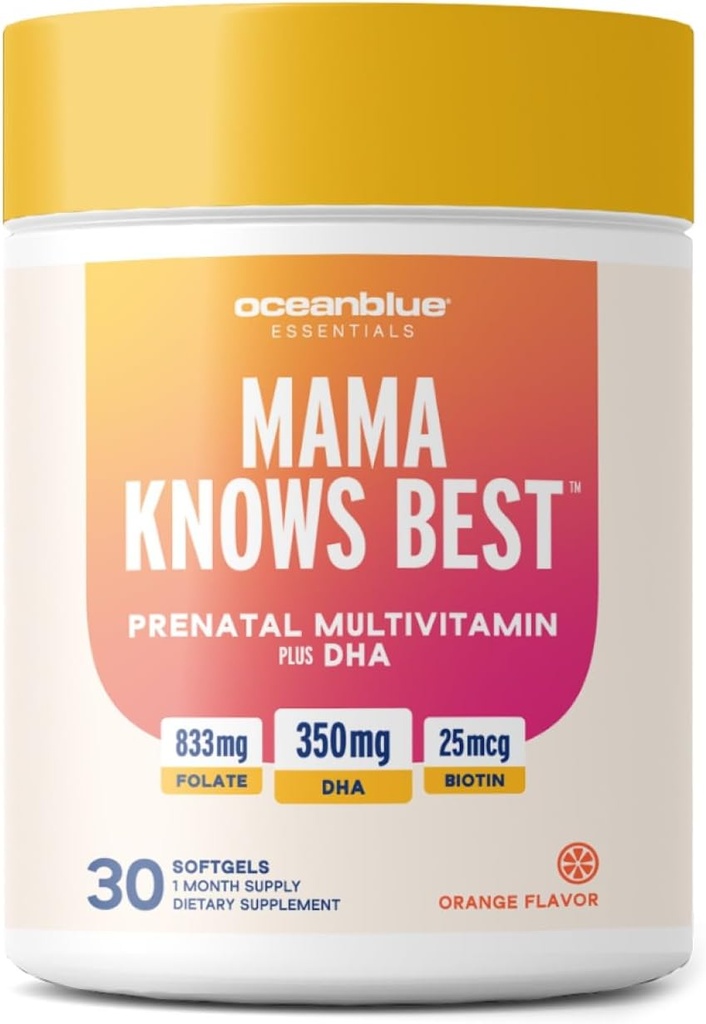 Oceanblå Essentials Mama Knows Best - 30ct - Prenatal Multivitamin med Omega-3 DHA - Understøtter en sund graviditet - Let at synke Softels - Tasty Orange Flavor - 1 måned Tilgang