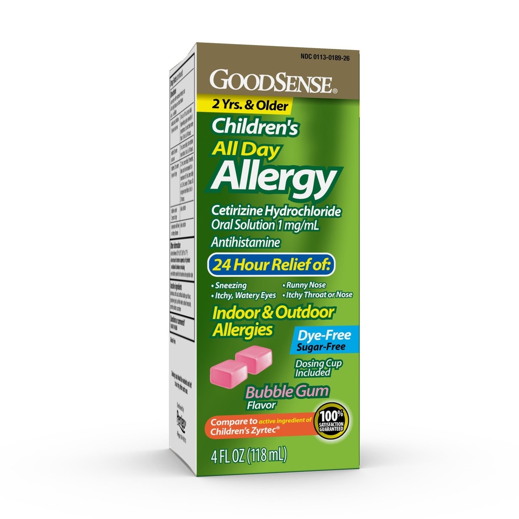 GoodSense Children 's All Day Allergy Relief, Cetirizine Hydrochlorid Oral opløsning 1 mg / ml, Bubble Gum Flavor, Dye Free, Sugar Free, 4 Fluid Ounce