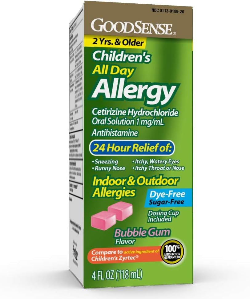 GoodSense Children 's All Day Allergy Relief, Cetirizine Hydrochlorid Oral opløsning 1 mg / ml, Bubble Gum Flavor, Dye Free, Sugar Free, 4 Fluid Ounce
