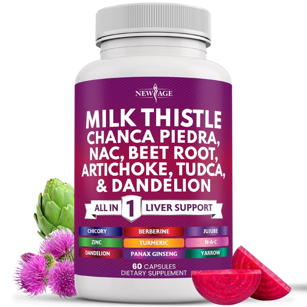 NEW AGE Milk Thistle NAC Chanca Piedra Beet Root Artiskoke Mælkebøtte Root Astragalus - Plus TUDCA & Ginger - 60 Greve
