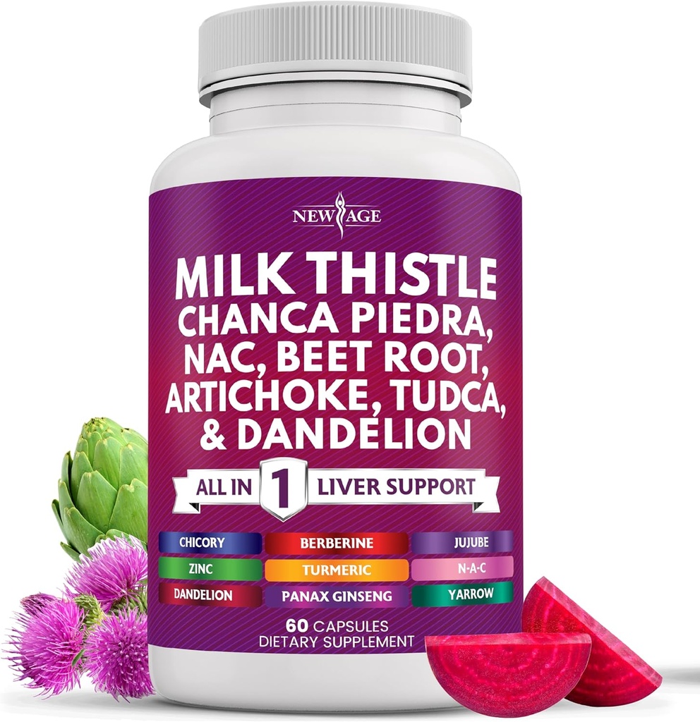 NEW AGE Milk Thistle NAC Chanca Piedra Beet Root Artiskoke Mælkebøtte Root Astragalus - Plus TUDCA & Ginger - 60 Greve