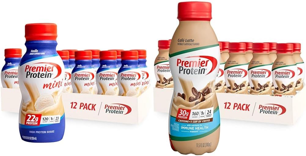 Premier Protein Shake MINI Vanilla 22g Protein 120 Kalorier Pack med 12 & Café Latte 30g Protein 160 Kalorier Næringsstoffer til immunsundhed Pack med 12