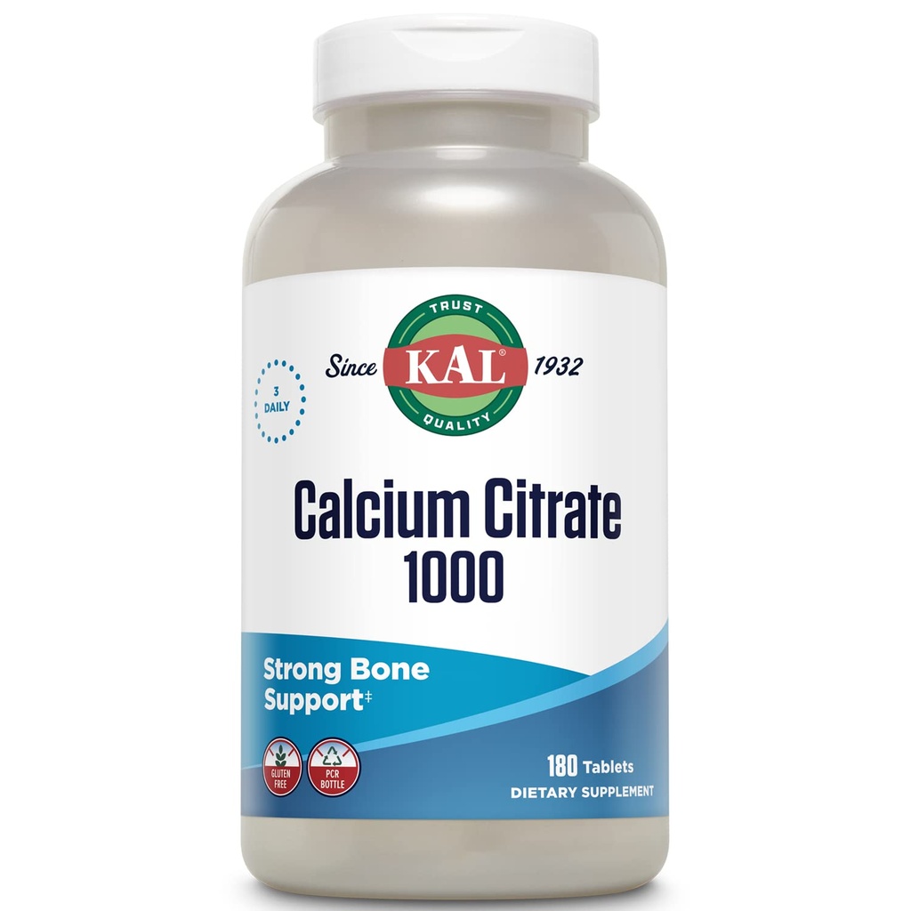 KAL Calcium Citrate 1000mg, Calcium Kosttilskud til kvinder og mænd, Knoglehelbred, tænder, nervøse, Muskulært & Kardiovaskulære System Support, Gluten Free and Lab Verified, 60 Servere, 180 tabletter