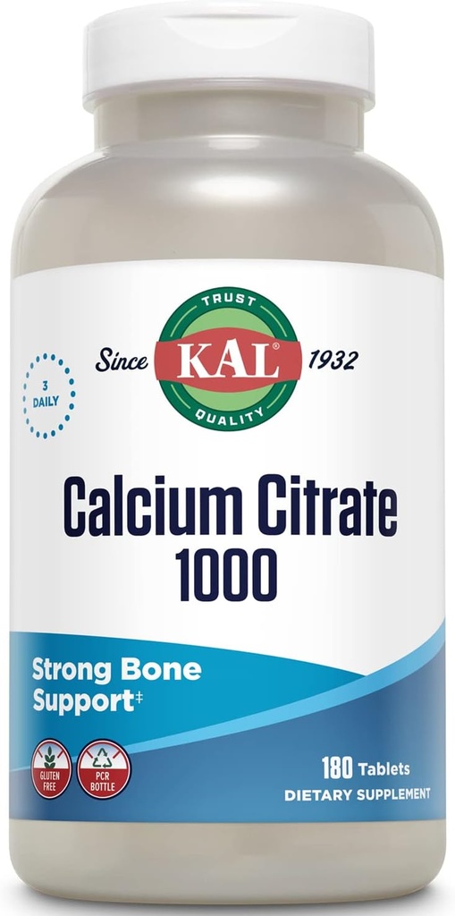 KAL Calcium Citrate 1000mg, Calcium Kosttilskud til kvinder og mænd, Knoglehelbred, tænder, nervøse, Muskulært & Kardiovaskulære System Support, Gluten Free and Lab Verified, 60 Servere, 180 tabletter