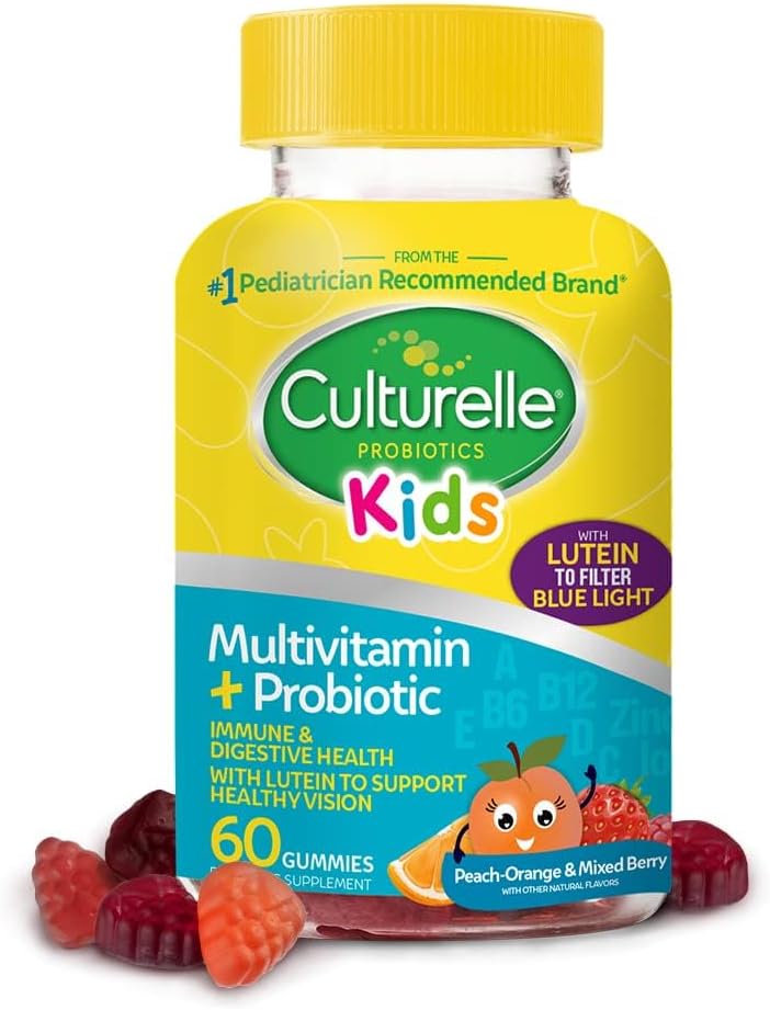 Culturelle Kids Multivitamin + Probiotiske For Børn (Age 2 +) - 60 Greve, Peach- Orange & blandet Berry Flavor - fordøjelsesmæssig sundhed & immunforsvar Gummies med Lutein til støtte øje sundhed