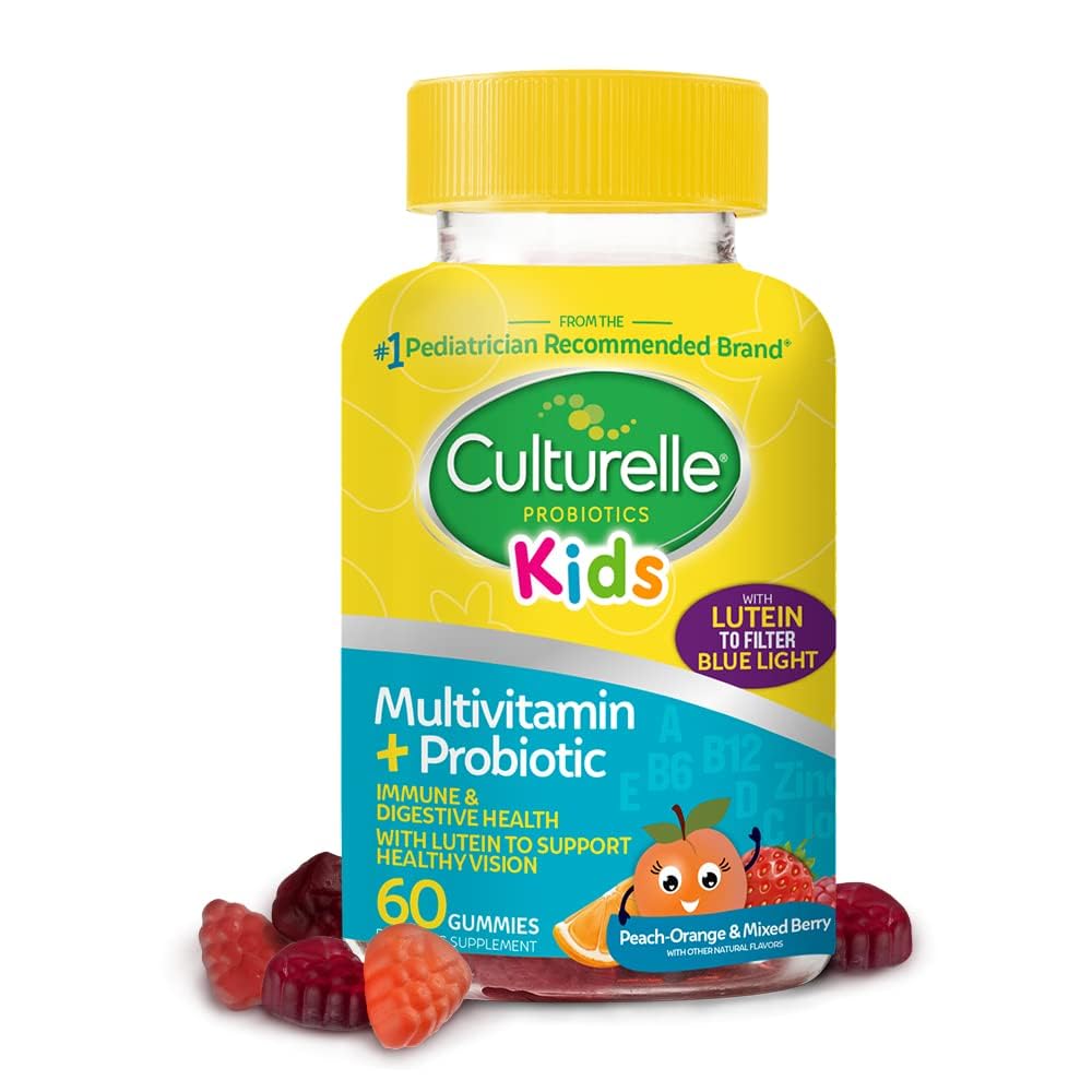 Culturelle Kids Multivitamin + Probiotiske For Børn (Age 2 +) - 60 Greve, Peach- Orange & blandet Berry Flavor - fordøjelsesmæssig sundhed & immunforsvar Gummies med Lutein til støtte øje sundhed