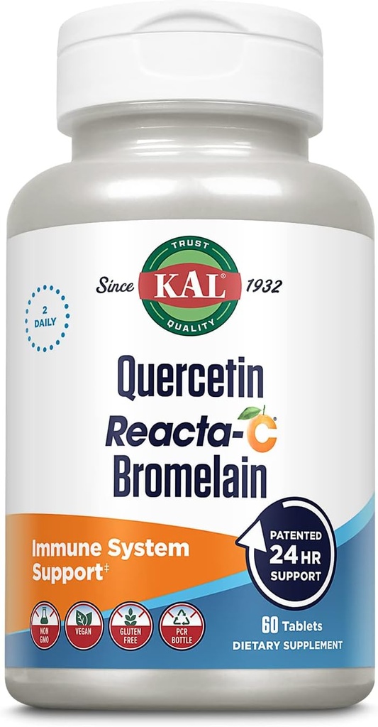 KAL Quercetin Reacta- C Bromelain immunforsvar supplement, 24 timers immunforsvar med bioflavonoider, vitamin C 1000mg og Quercetin 500mg, Vegan, Gluten Free, 60- dag garanti, 30 Serv, 60 tabletter