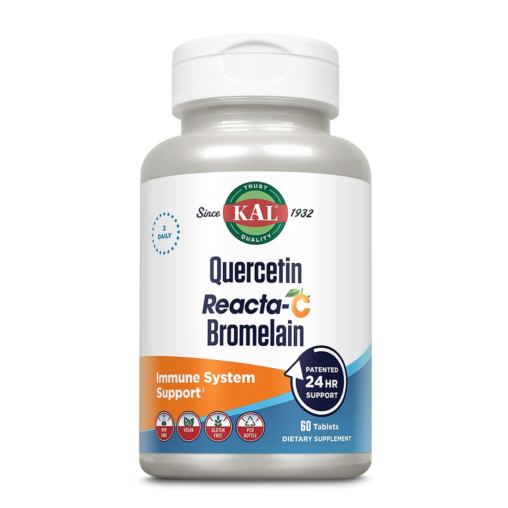 KAL Quercetin Reacta- C Bromelain immunforsvar supplement, 24 timers immunforsvar med bioflavonoider, vitamin C 1000mg og Quercetin 500mg, Vegan, Gluten Free, 60- dag garanti, 30 Serv, 60 tabletter