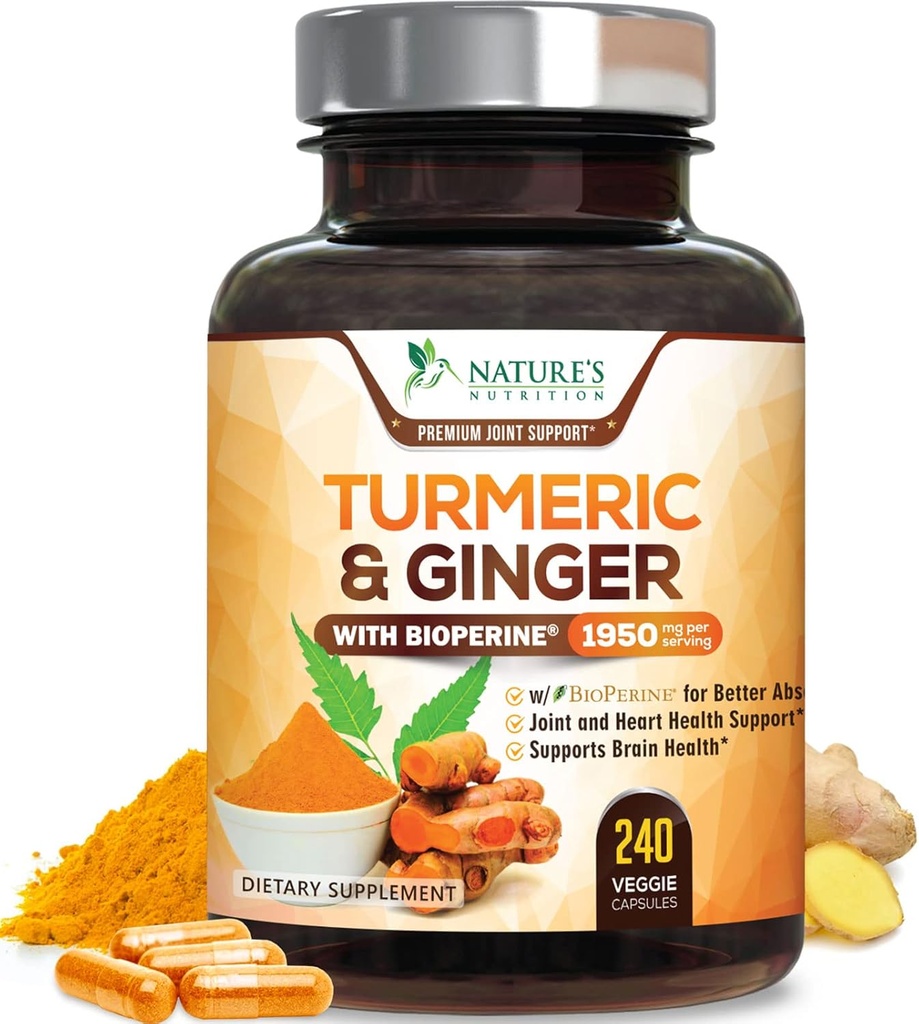 Gurkemeje Supplement 1950mg - 95% Curcuminoider med Økologisk Gurkemeje & Ginger, BioPerine Black Pepper til bedste Absorption, Nature 's Vegan Joint Support, Non- GMO, Flasket i USA - 240 Kapsler