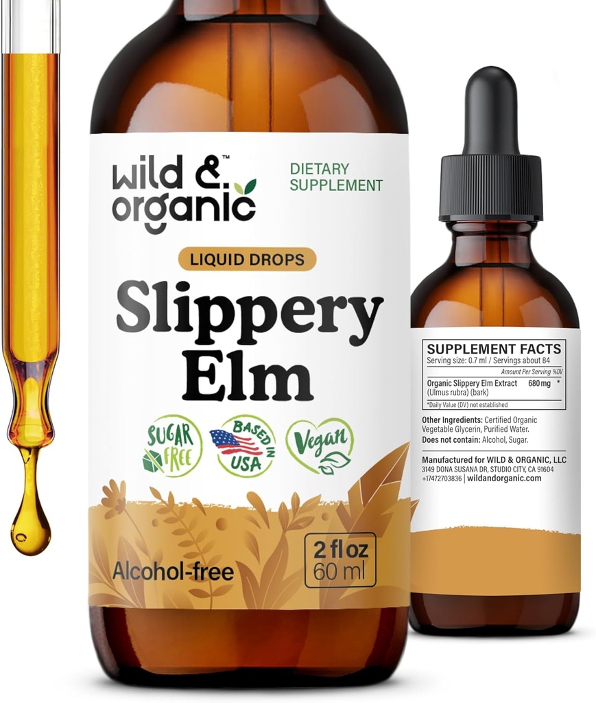Wild & Organic Slippery Elm Drops - Lung, fordøjelsesstøtte & kvinders support - Slippery Elm Bark Tincture - Flydende Ulmus Rubra Extract Supplement - Vegan, Sukker & Alkohol- Free - 2 fl oz
