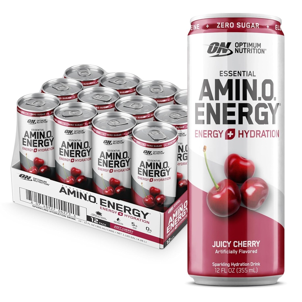 Optimum Nutrition Amino Energy Sparkling Hydration Drink, Elektrolyter, Koffein, Aminosyrer, BCAA, Sugar Free, Juicy Cherry, 12 Fl Oz, 12 Pack (Packaging May Vary)