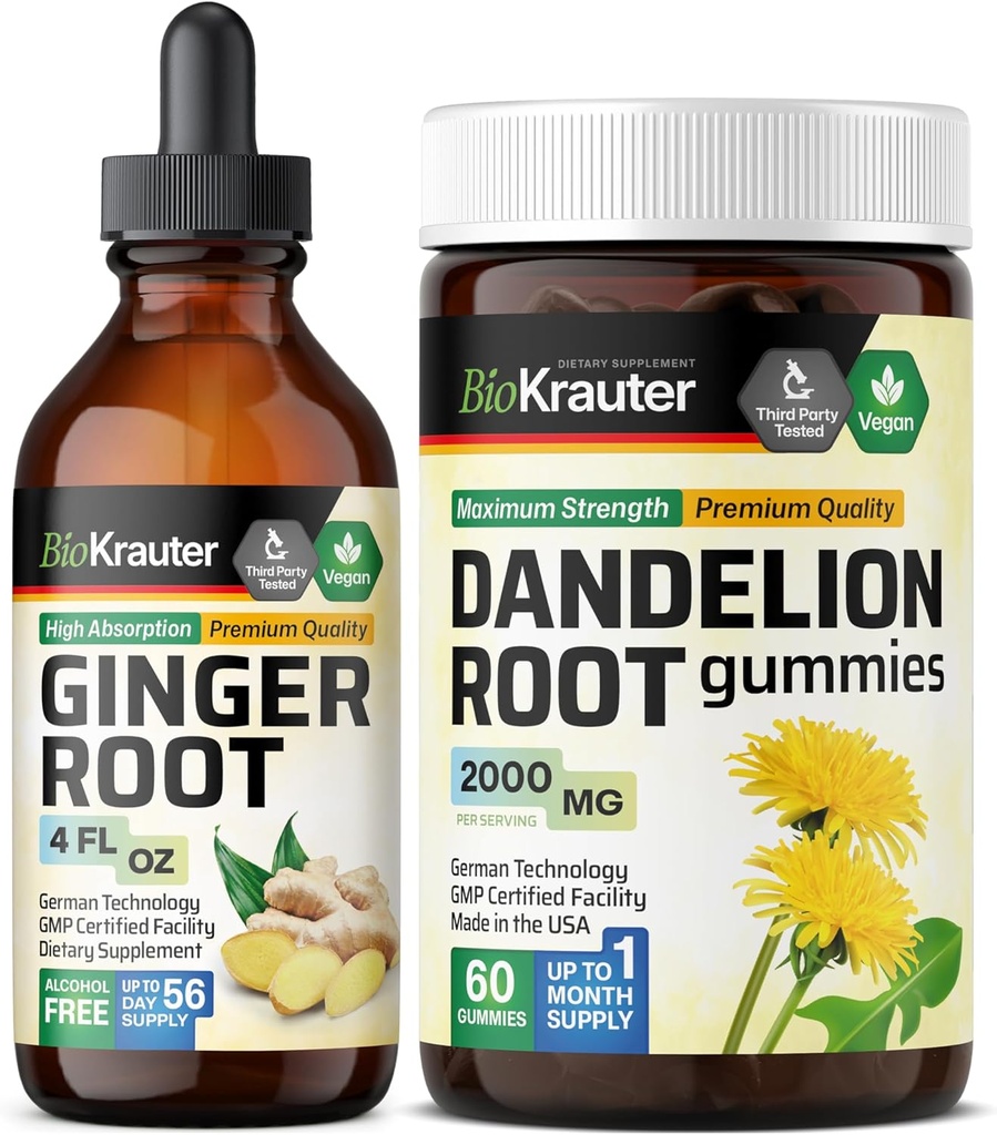 BIO KRAUTER Ginger Root Tinktur 4 Fl. Oz. & Dandelion 60 Gummies