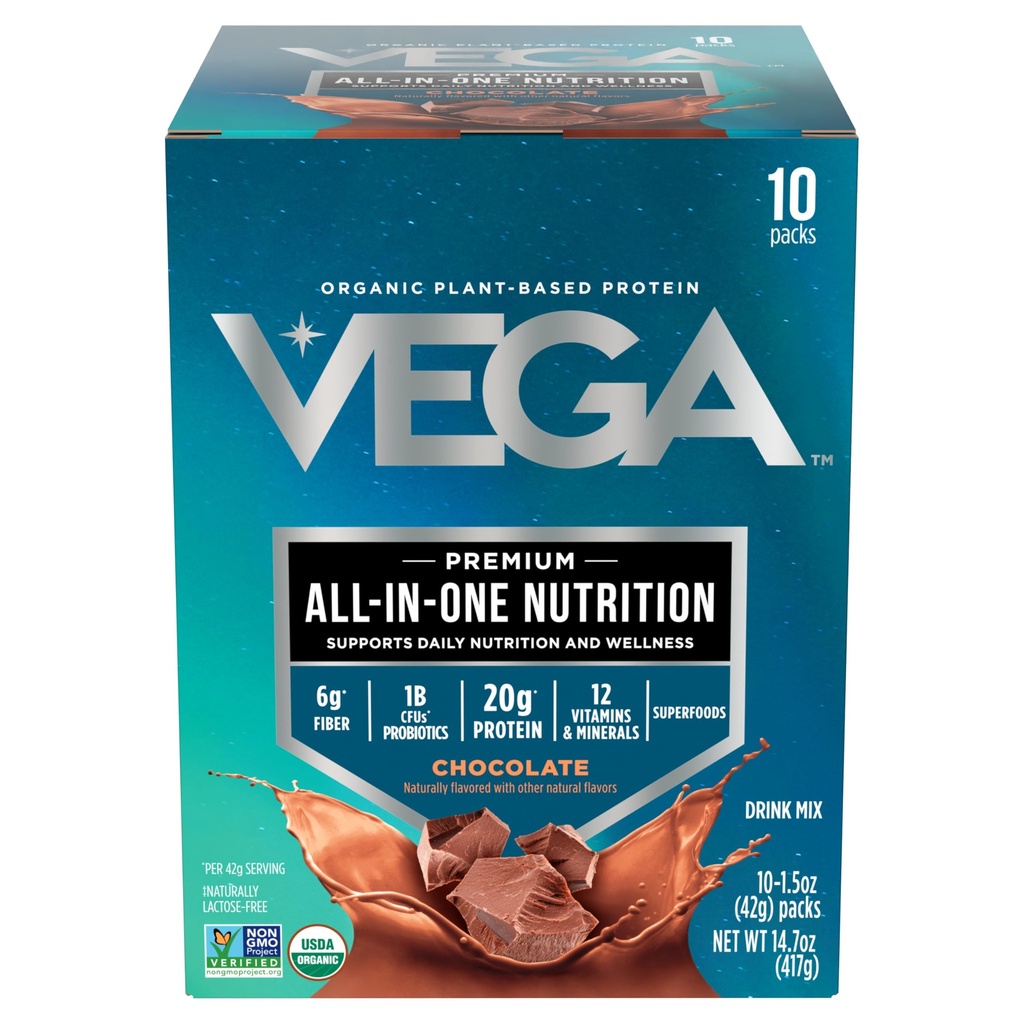 Vega Organic All- in- One Vegan Protein Powder, Chocolate - Superfood Ingredients, Vitaminer for Immunitet Support, Keto Friendly, Pea Protein for Women & Men, 14.7 oz (Packaging May Vary)
