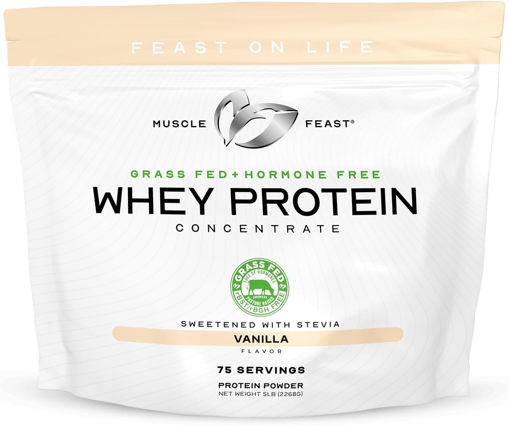 Muscle Feast Grass-Fed Whey Protein Concentrate Powder, All Natural, Hormone Free Pasture Raised Whey Protein Powder for Women & Men, Clean, Non-GMO & Gluten Free Whey Concentrate - Vanilla, 5lb