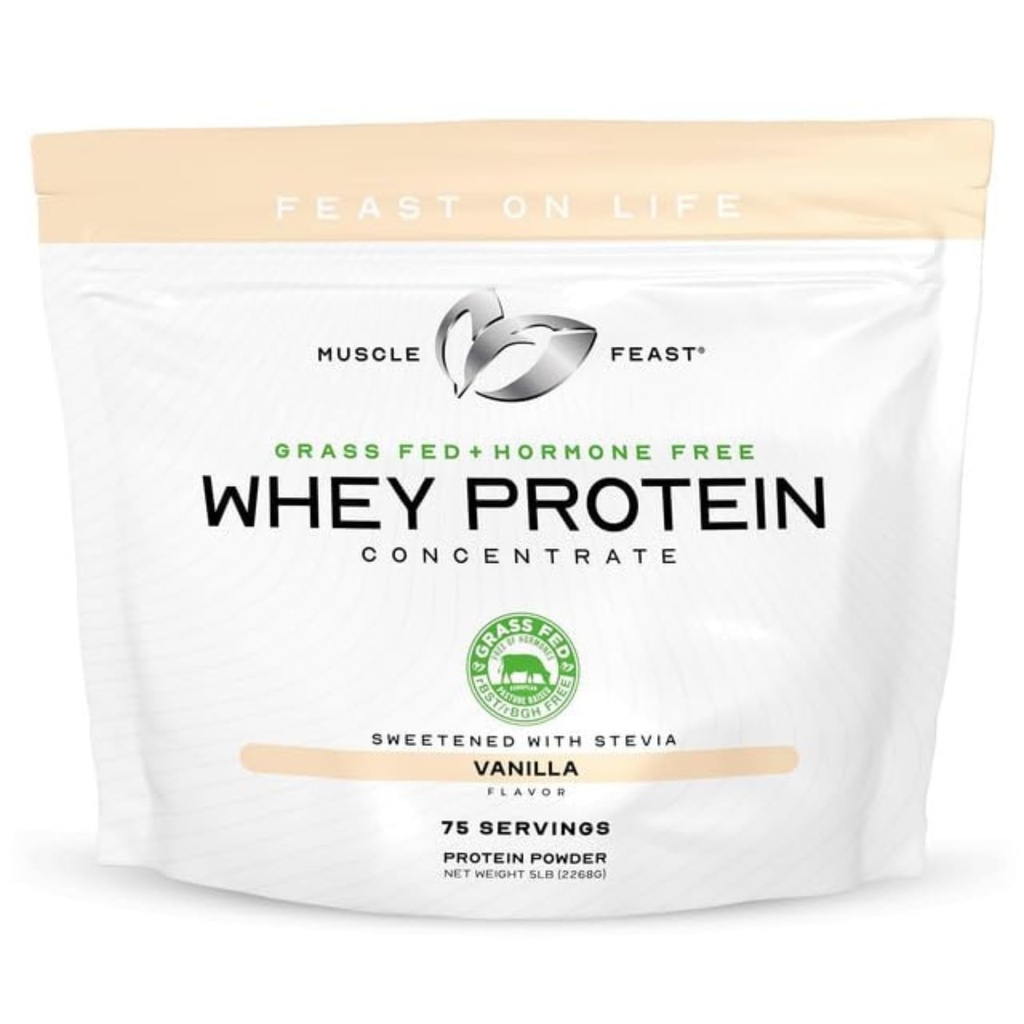 Muskel Feast Grass- Fed Whey Protein Concentrate Powder, Alle naturlige, Hormone Free Pasture Raised Whey Protein Powder for kvinder & mænd, Clean, Non- GMO & Gluten Free Whey Concentrate - Vanilla, 5lb