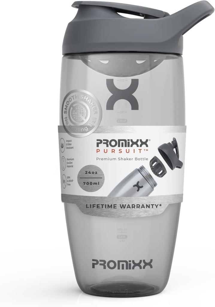 Promixx Pursuit Protein Shaker Flaske (24 oz) - Silent No- Ball Mixer, Leak- Proof Lid, BPA / BPS & Phthalate- Free ECOZEN - Easy- Clean Shaker Cup for Protein Shakes, Pre & Post- Workout Smoothies