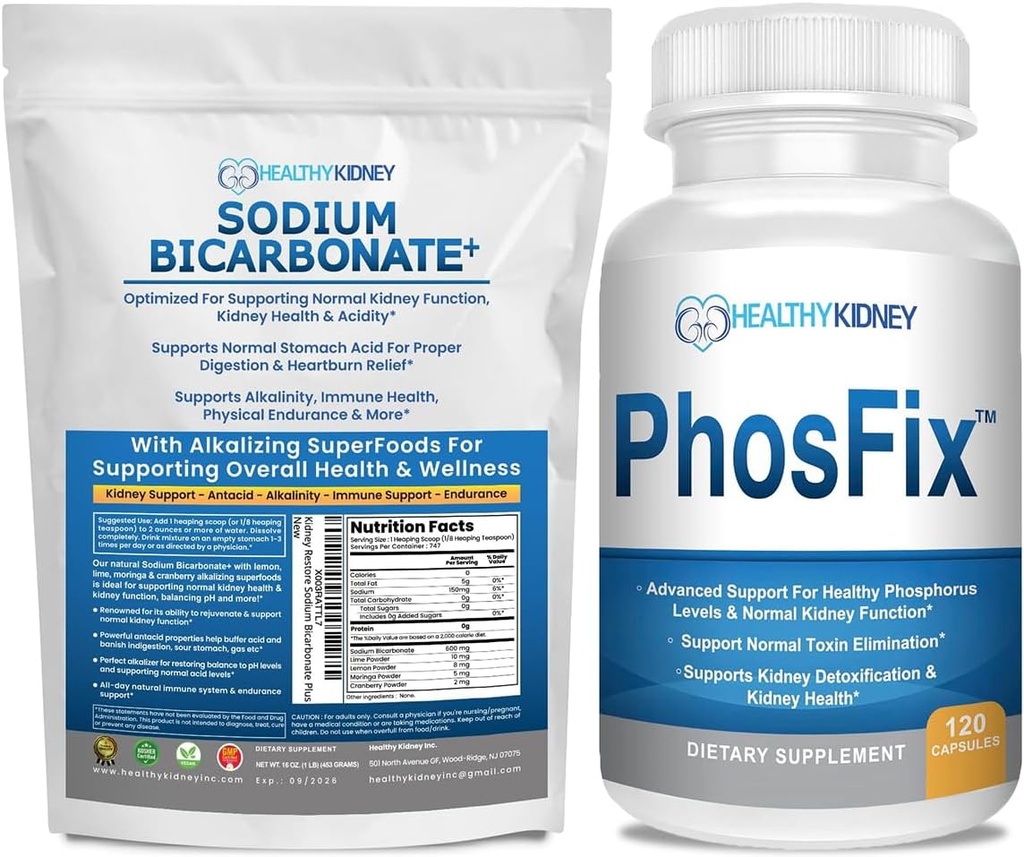 Økologisk natrium Bicarbonat Alkaline Supplement Bundle: 1LB pulver til alkalinitet, Nyre & Syre Support + PhosFix 120 Pills Phosphorus Binder til sunde fosforniveauer & Nyre Sundhed Nyresuppor