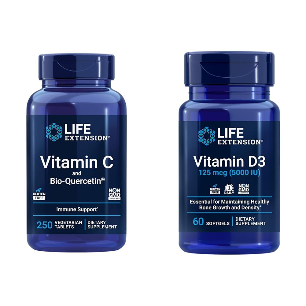 Life Extension Vitamin C & Quercetin Plus Vitamin D3 5000 IE - 250 tabletter Vitamin C Immun Support Plus 60 Vitamin D3 Softgel til ben, hjerne og immunforsvar