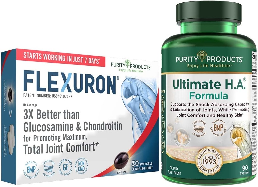 Renhedsprodukter Flexuron Joint Formel + Ultimate HA Flexuron (Krill Oil, lav molekylvægt Hyaluronsyre, Astaxanthin) - Ultimate H.A. (BioCell Collagen, Quercetin, Hyaluronsyre + mere)