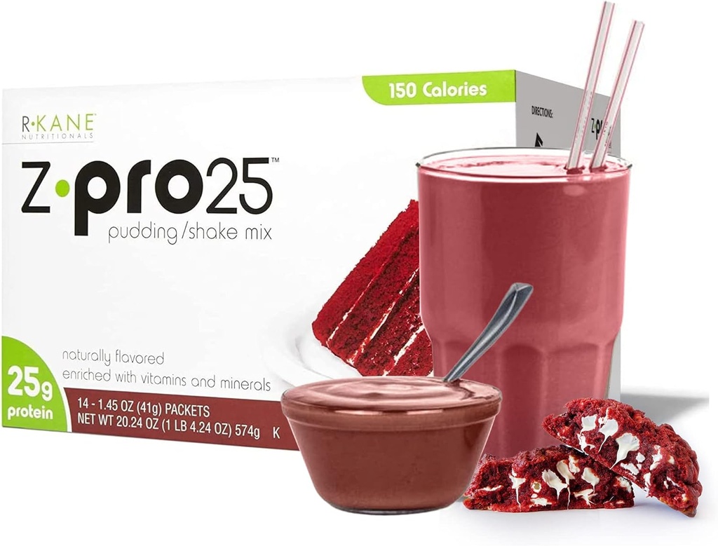 R- Kane Nutritionals Z- Pro Red Velvet Protein Drink Mix - High Protein, Lav kalorie Lav Fat Shake og Pudding Mix - Måltidserstatning, On- The- Go Packets - Breakfast Boost - 25g Protein - 14 Packets
