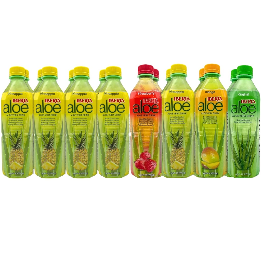 Iberia Aloe Vera Drik med Pure Aloe Pulp (Pack of 16) 10 x Ananas, 2 x Original, 2 x Jordbær, 2 x Mango