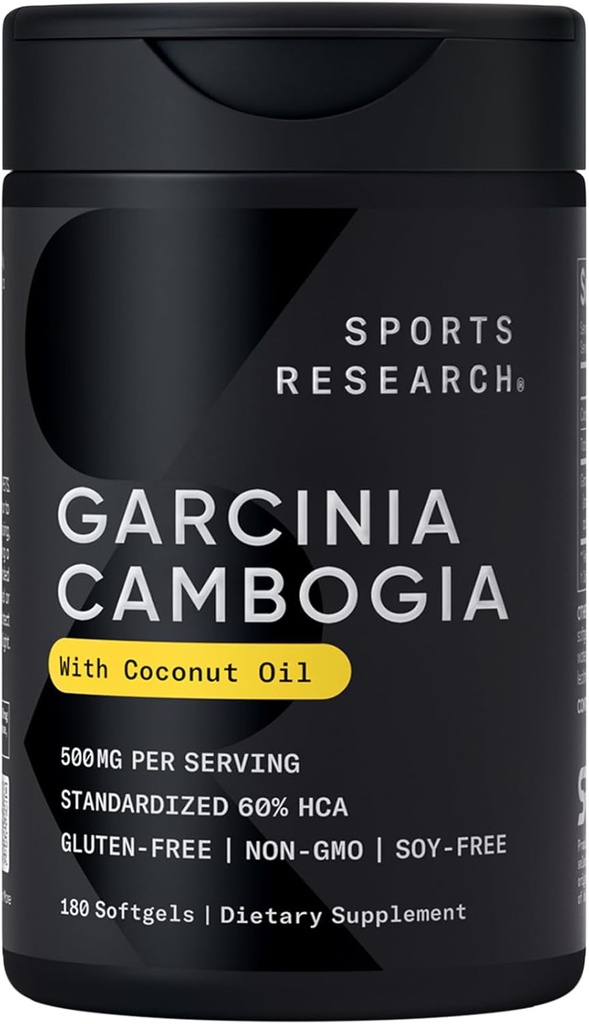 Sports Research Garcinia Cambogia Extract (60% HCA) med ekstra Virgin Organic Coconut Oil Shut 124; Non- GMO, Soy & Gluten Free (180 Liquid Softgels)