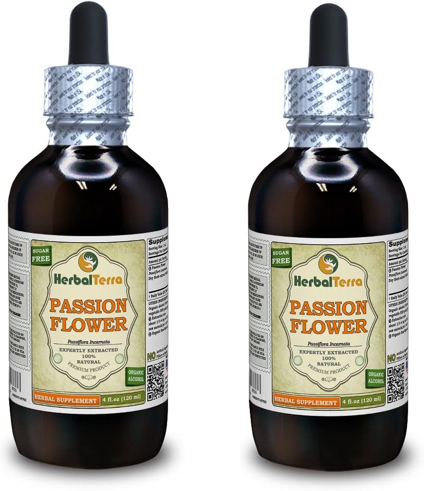 Passion Flower (Passiflora Incarnata) Tinktur, Økologisk Tørret Herb Liquid Extract (Brand Name: HerbalTerra, Stolt Lavet i USA) 2x4 fl.oz (2x120 ml)