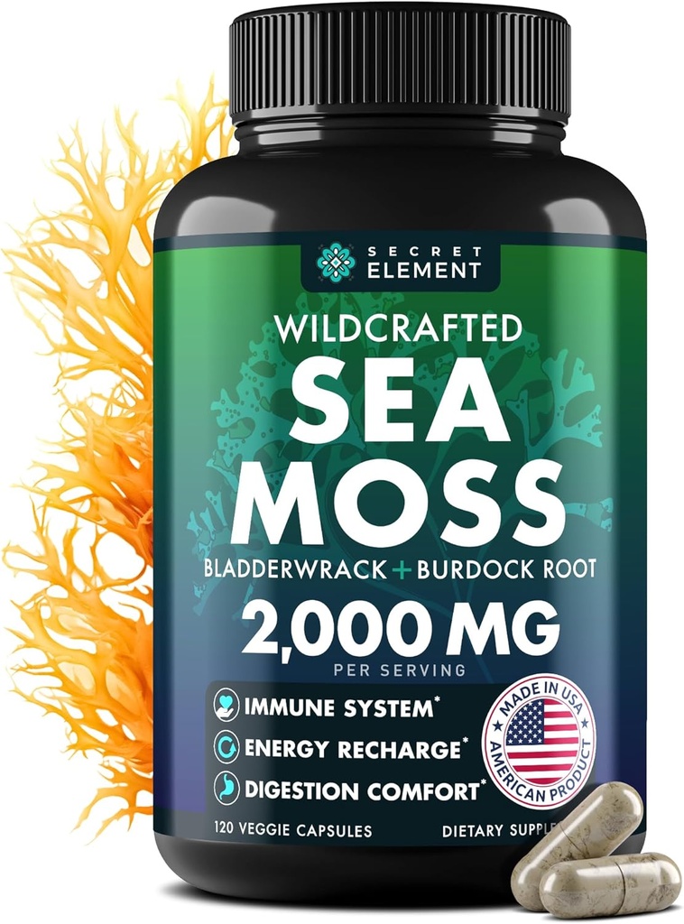 Sea Moss Capsules - Irish Sea Moss Advanced med Burdock Root, Bladerwrack & Muira Puama for Immunitet, Gut, & Energy - Superfood Sea Moss Kosttilskud w / Raw Sea Moss Powder - 120 Irish Seamoss Pills